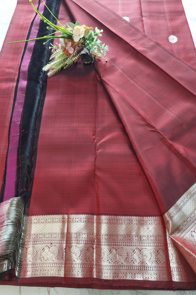 Pure Handloom Kanjeevaram Silk - Maroon & big Golden Elephant Motifs