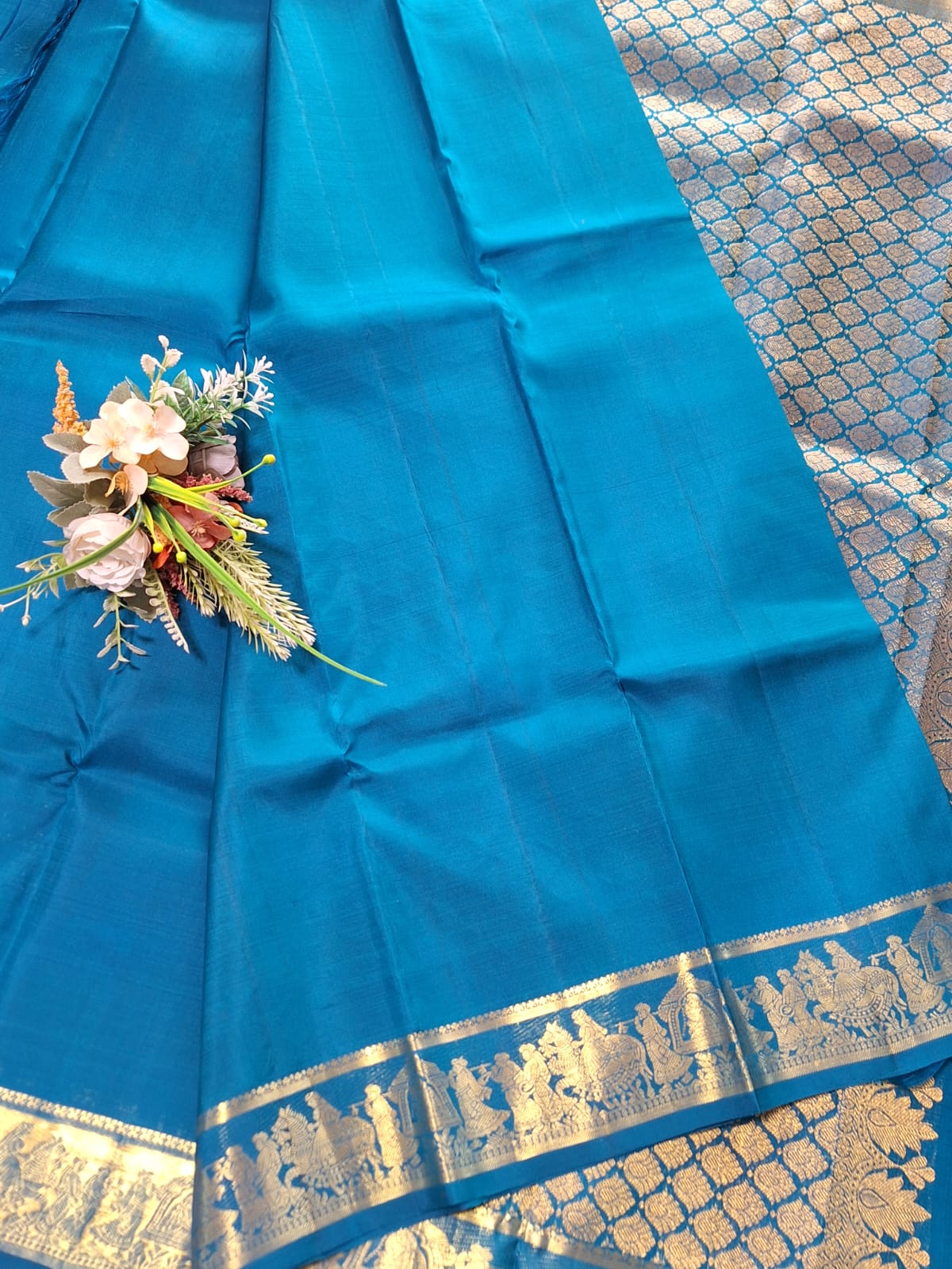 Pure Handloom Kanjeevaram Silk - Azure Blue marriage theme with golden zari border