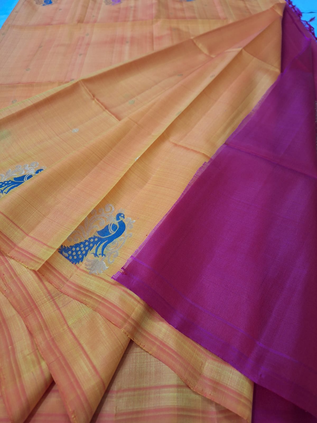 Pure Handloom Soft Silk - Yellow Pink peacock design