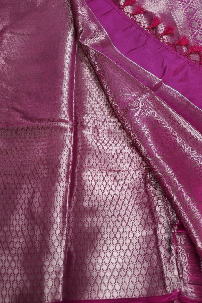 Pure Handloom Banarasi Silk - Fuchsia Pink in light Gold Zari work