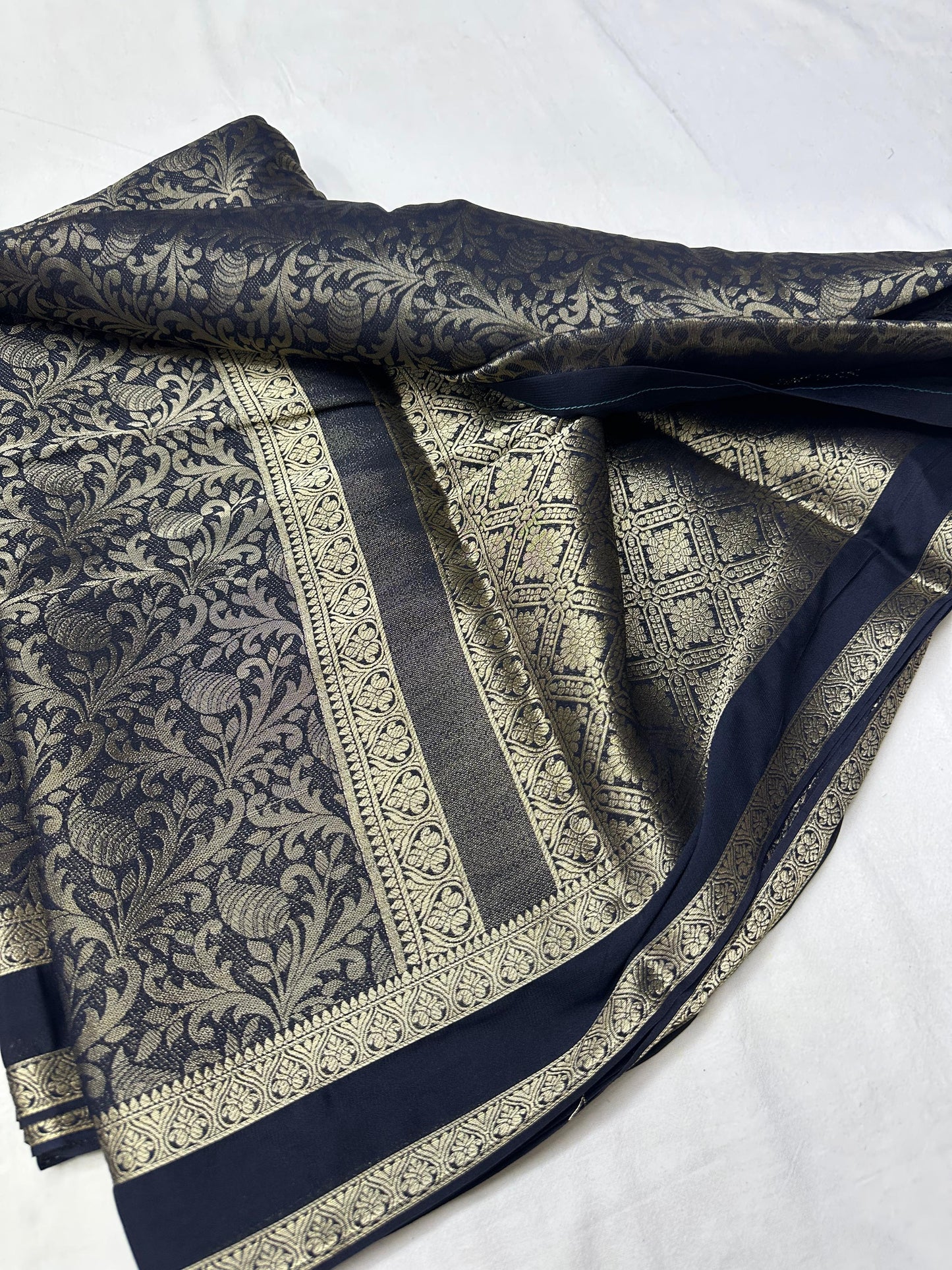 Semi Mysore Crepe Silk - Black with Golden Brocade Weave