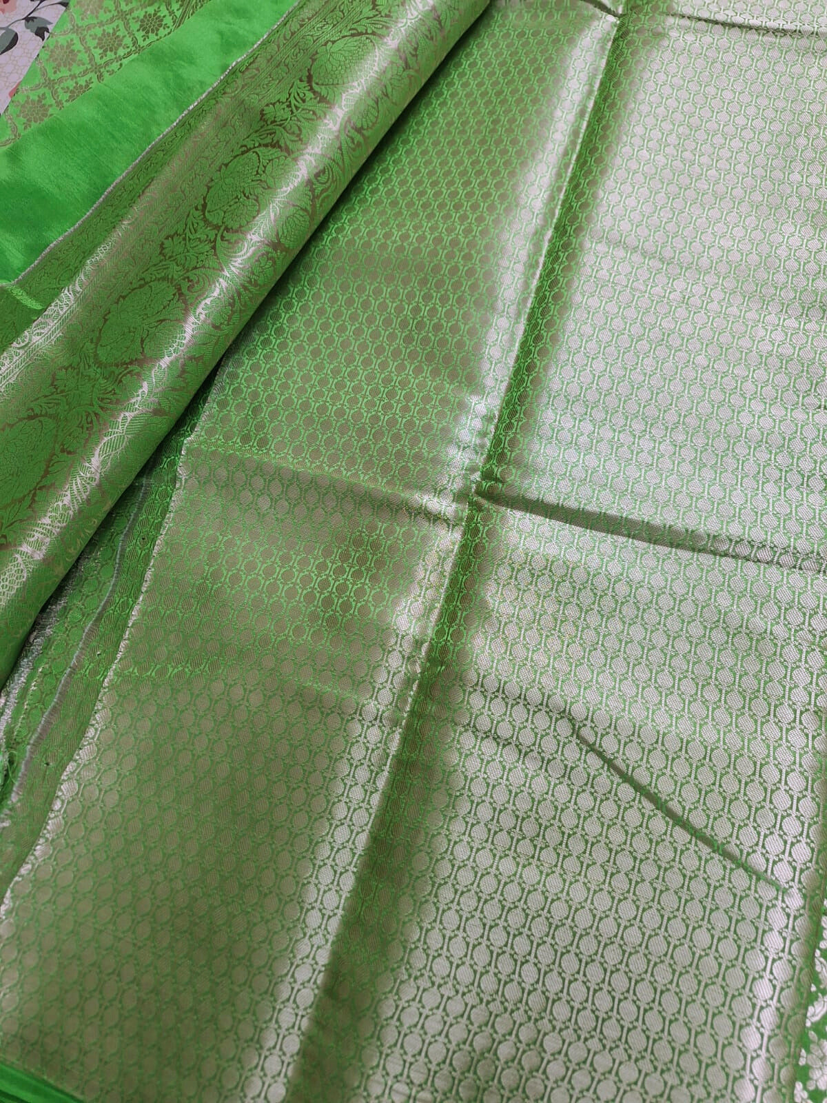 Pure Handloom Banarasi Silk - Parrot Green in light Gold Zari work