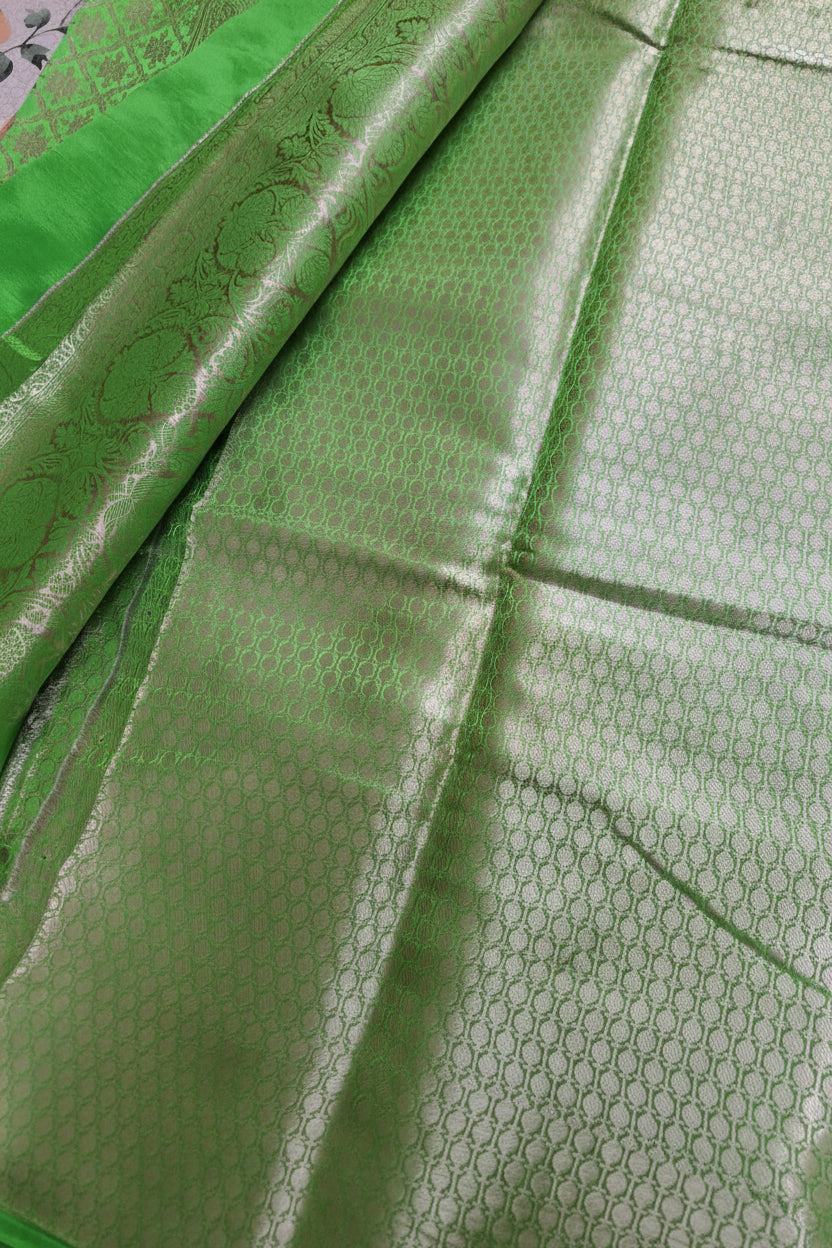 Pure Handloom Banarasi Silk - Parrot Green in light Gold Zari work