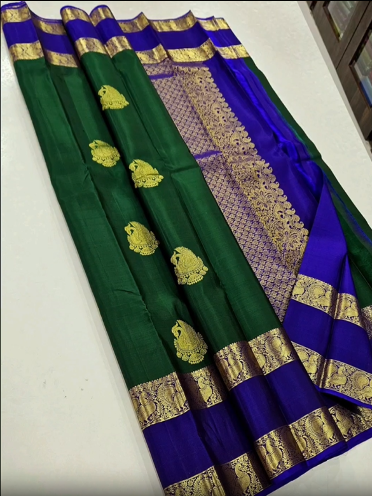 Pure Handloom Kanjeevaram - Green-Royal Blue Peacock Jhumka Motif