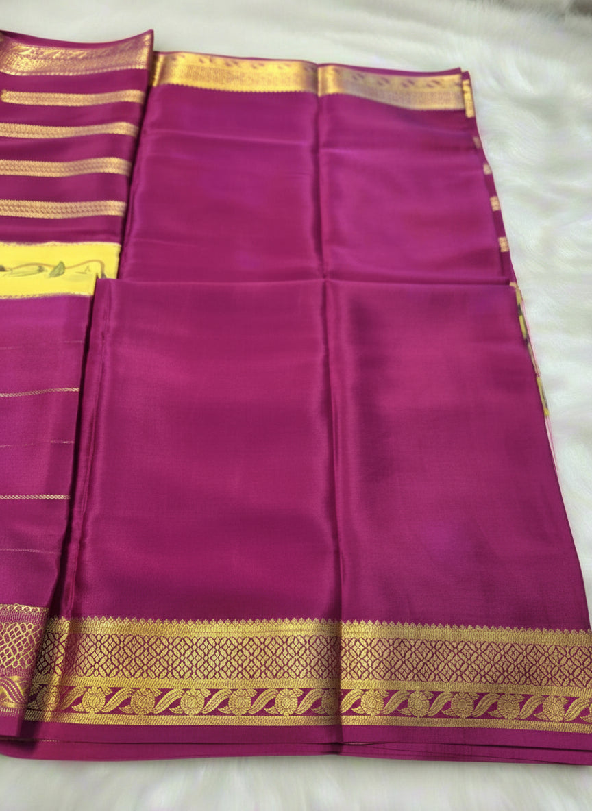 Pure Mysore Crepe Silk - Yellow & Purple Flowers Kalamkari