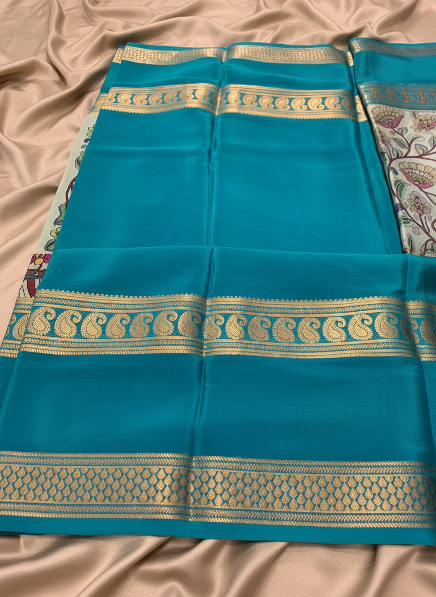 Pure Mysore Crepe Silk - Green & Teal Vertical Flower pattern Kalamkari