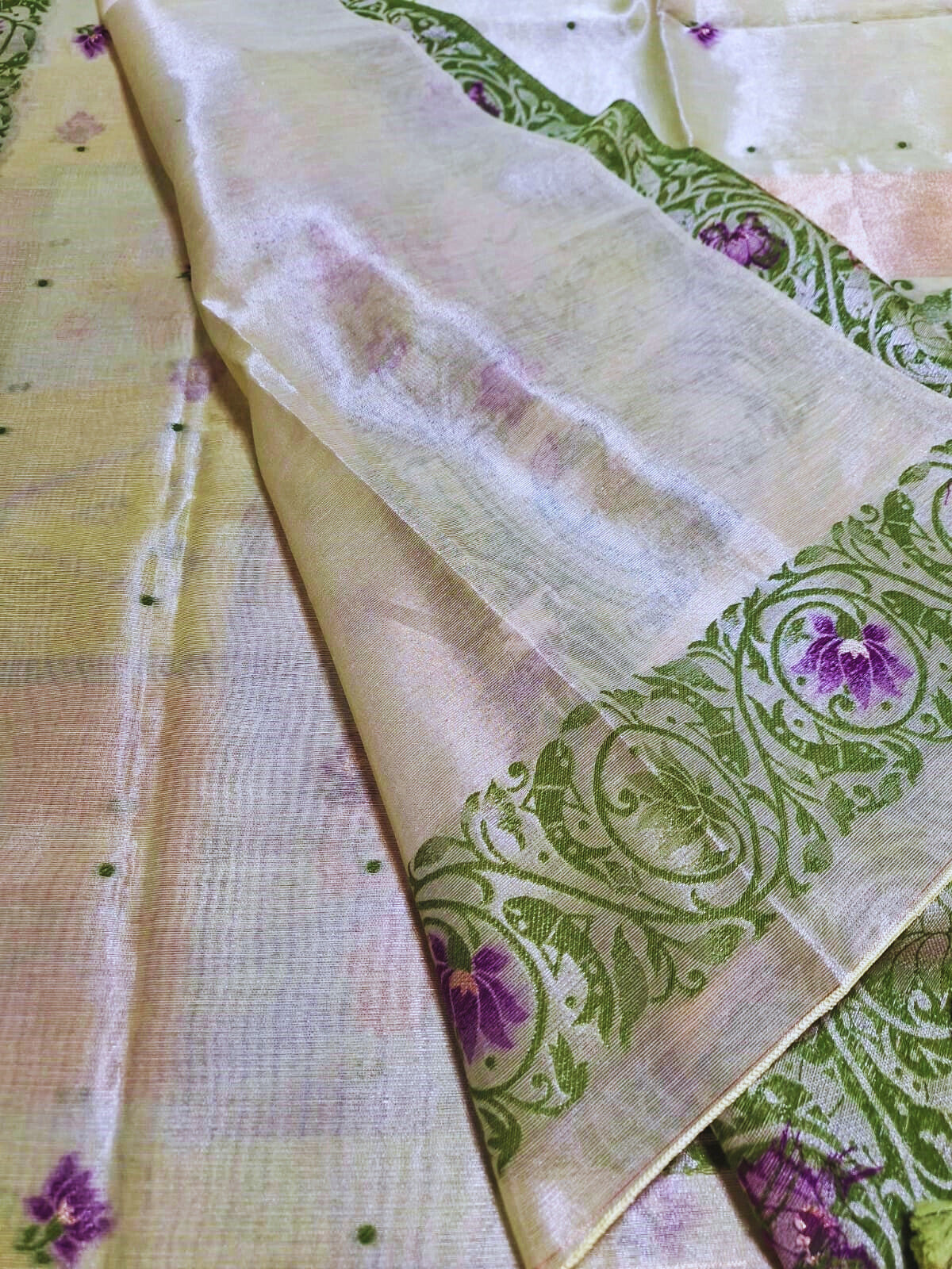 Tissue Silk - Green with Purple Lotus Weave Design