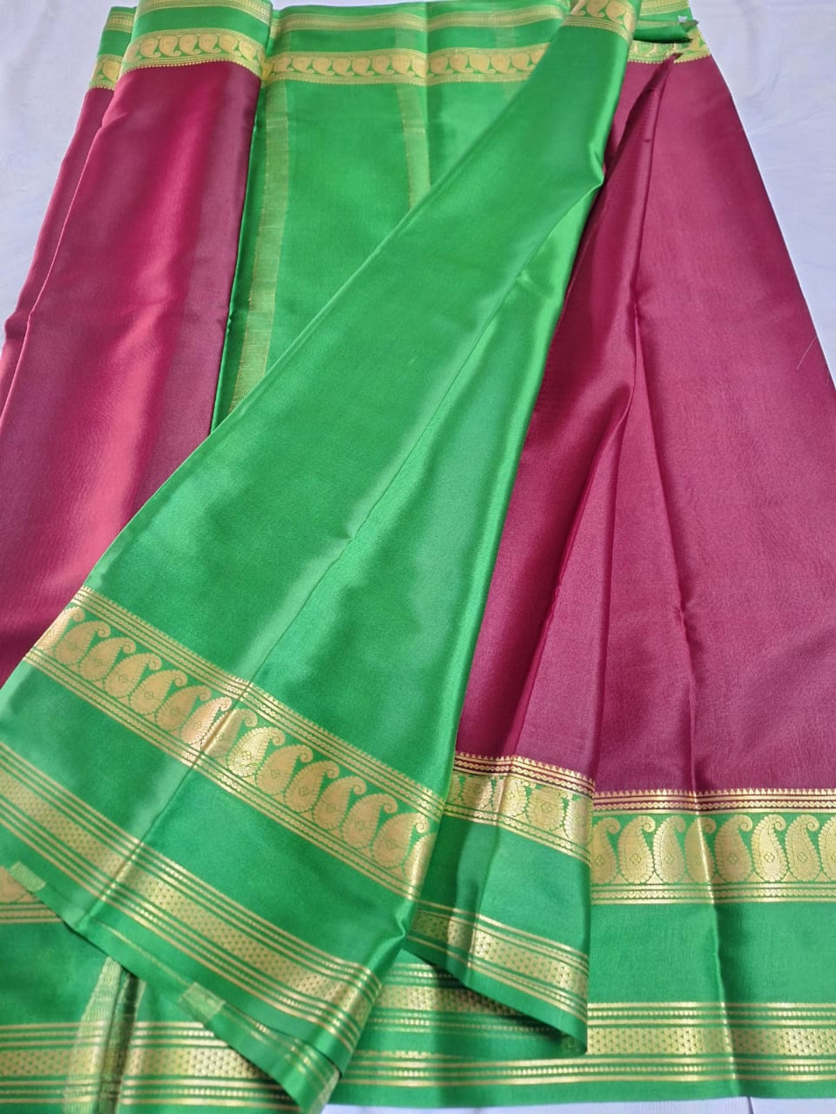 Pure Mysore Crepe Silk - Maroon & Green accented Kairi Motifs Border