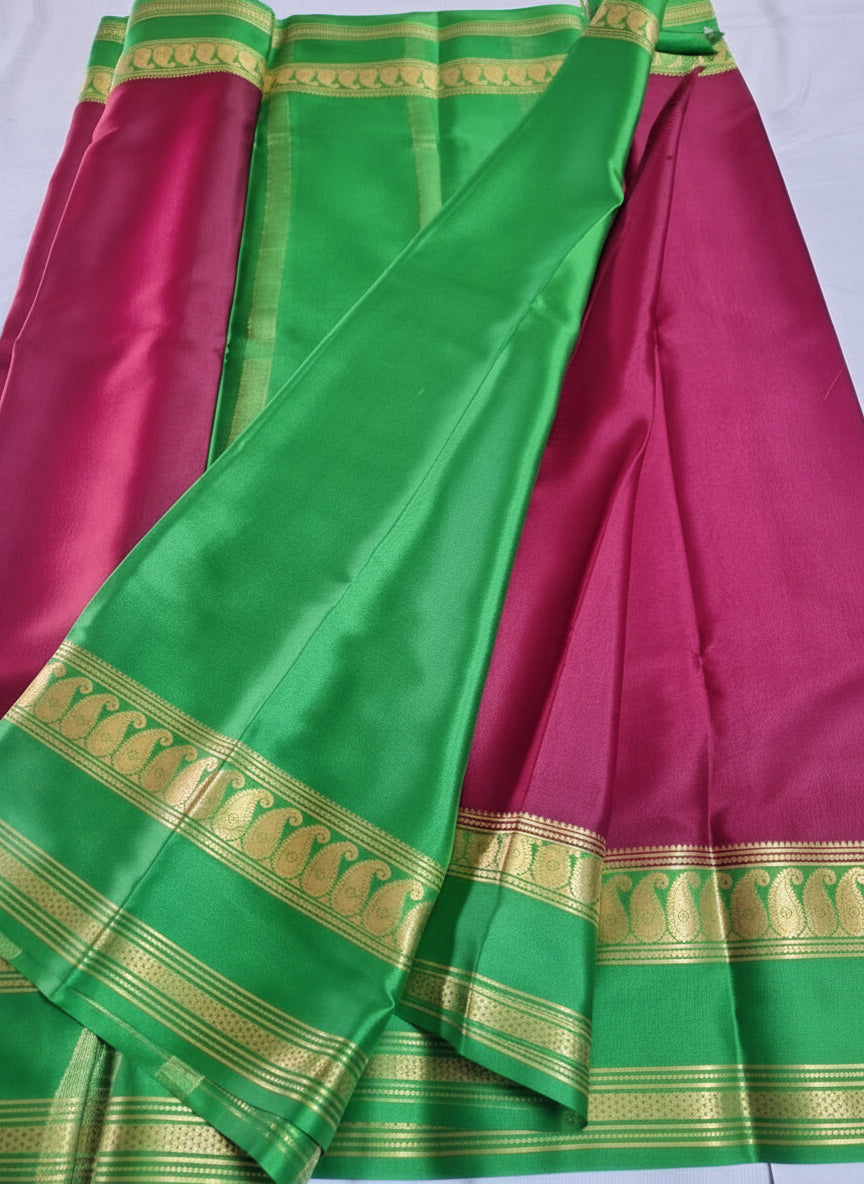 Pure Mysore Crepe Silk - Maroon & Green accented Kairi Motifs Border