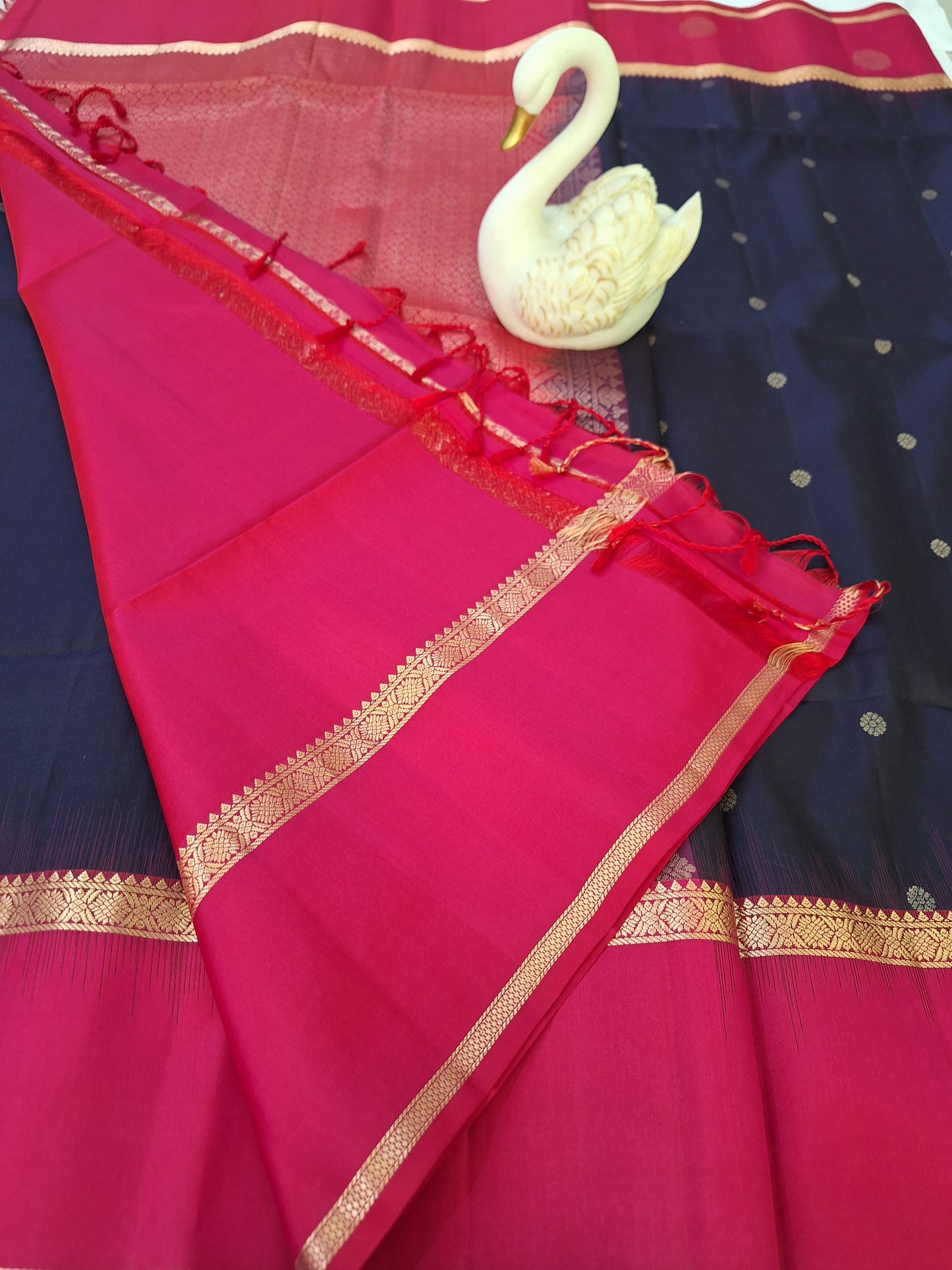 Pure Handloom Soft Silk - Navy Blue Pink Rudraksh Gandaberundu