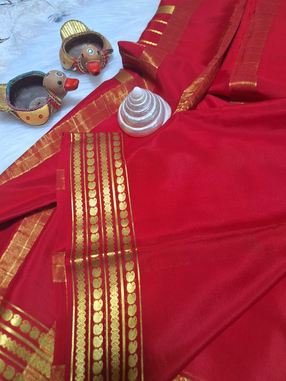 Pure Mysore Crepe Silk- Hot red golden Zari lines