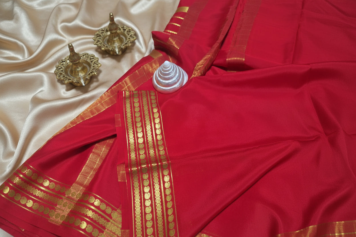 Pure Mysore Crepe Silk- Hot red golden Zari lines