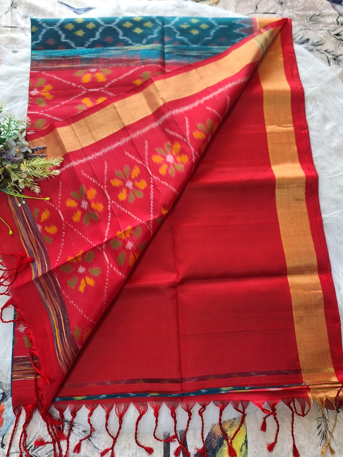 Pure Handloom Soft Silk - Teal Blue-Red Pochampally Ikat pattern