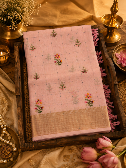 Pure Handloom Cotton - Pastel Pink with handwork