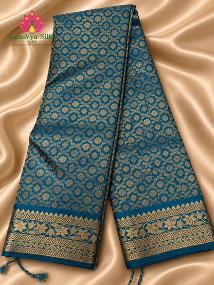 Pure Handloom Soft Silk - Teal Blue Brocade & Kanchi border