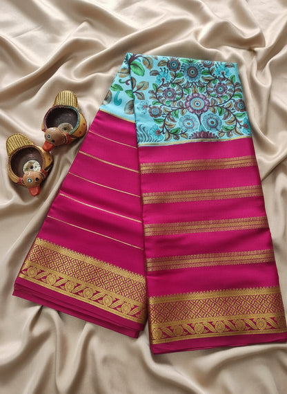 Pure Mysore Crepe Silk - Blue & Rani Pink Flower Kalamkari