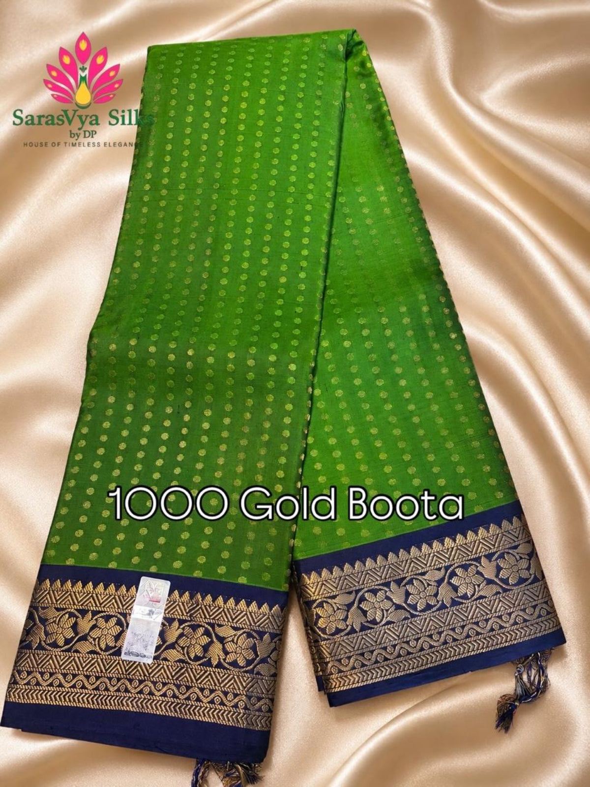 Pure Handloom Soft Silk - Lawn Green-Navy Blue 1000 boota with Kanchi border