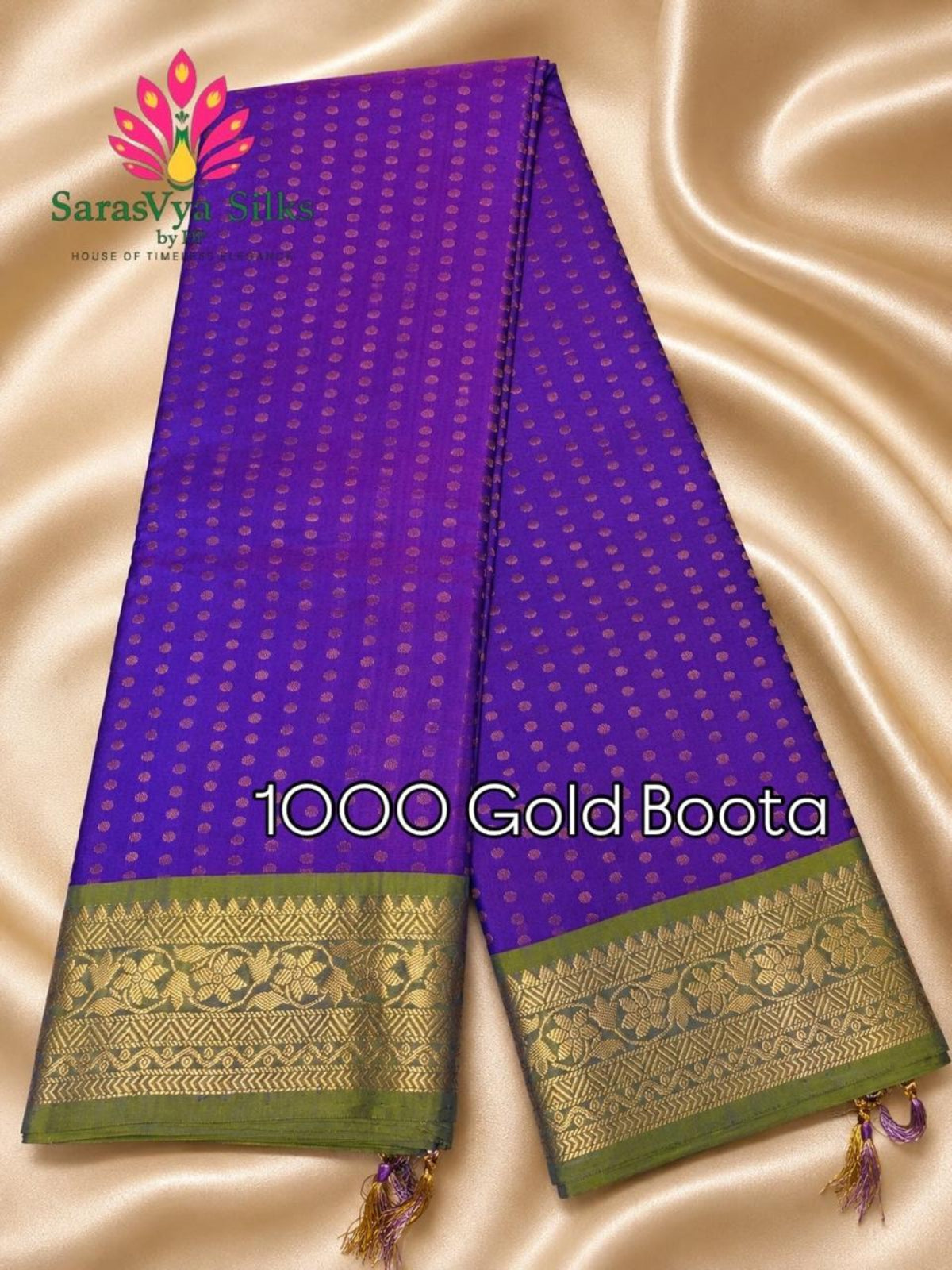 Pure Handloom Soft Silk - Vibrant Purple & Apple Green 1000 Boota & Kanchi Border