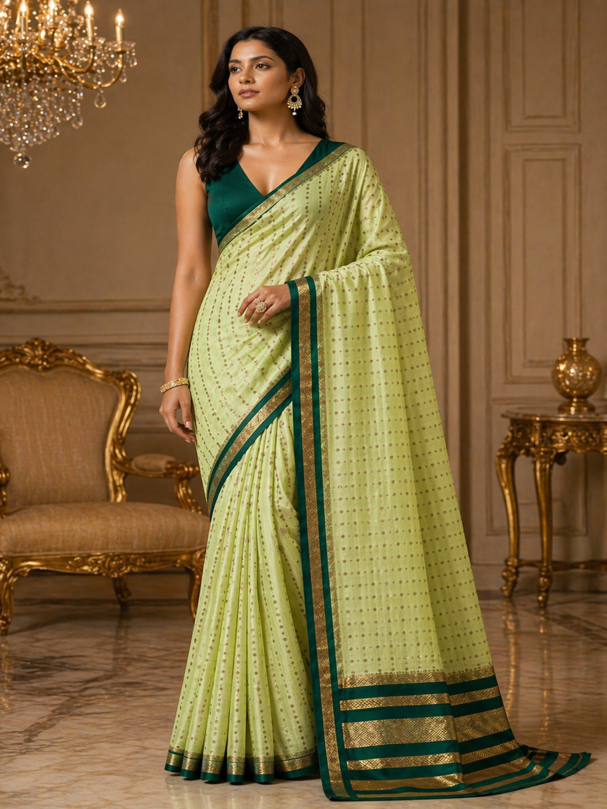 Pure Mysore Crepe SIlk - Light & Dark green 1000 zari boota pattern