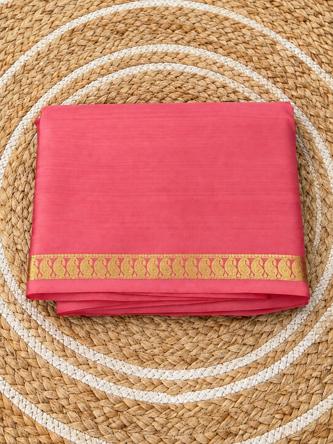 Pure Mysore Crepe Silk - Peach Self Color & thin Mango Border