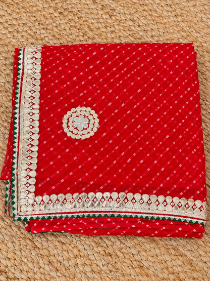Rajasthani Mothda Saree - Red & Green lined border