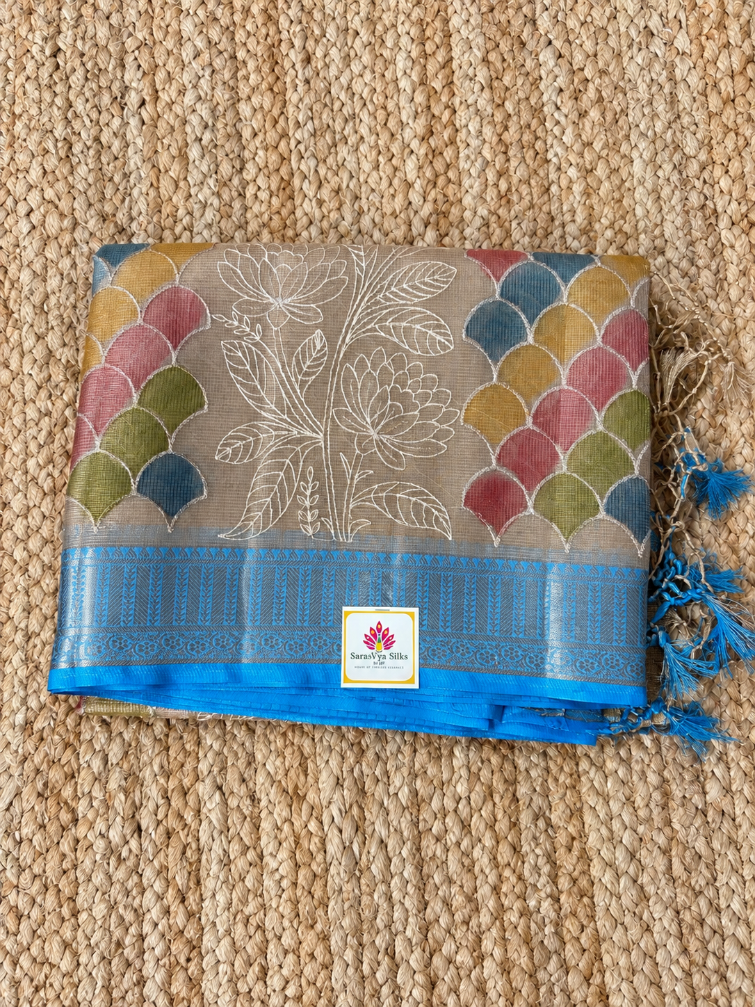 Kota Doria - Beige-Blue with Multi Color Embrodery