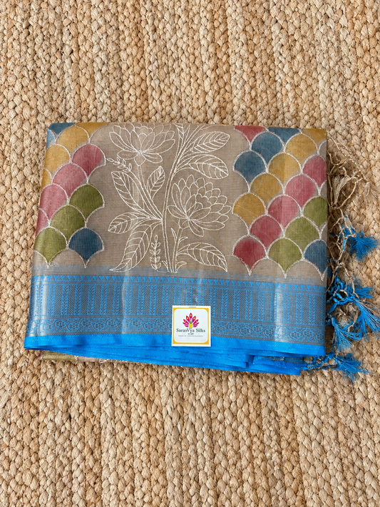 Kota Doria - Beige-Blue with Multi Color Embrodery
