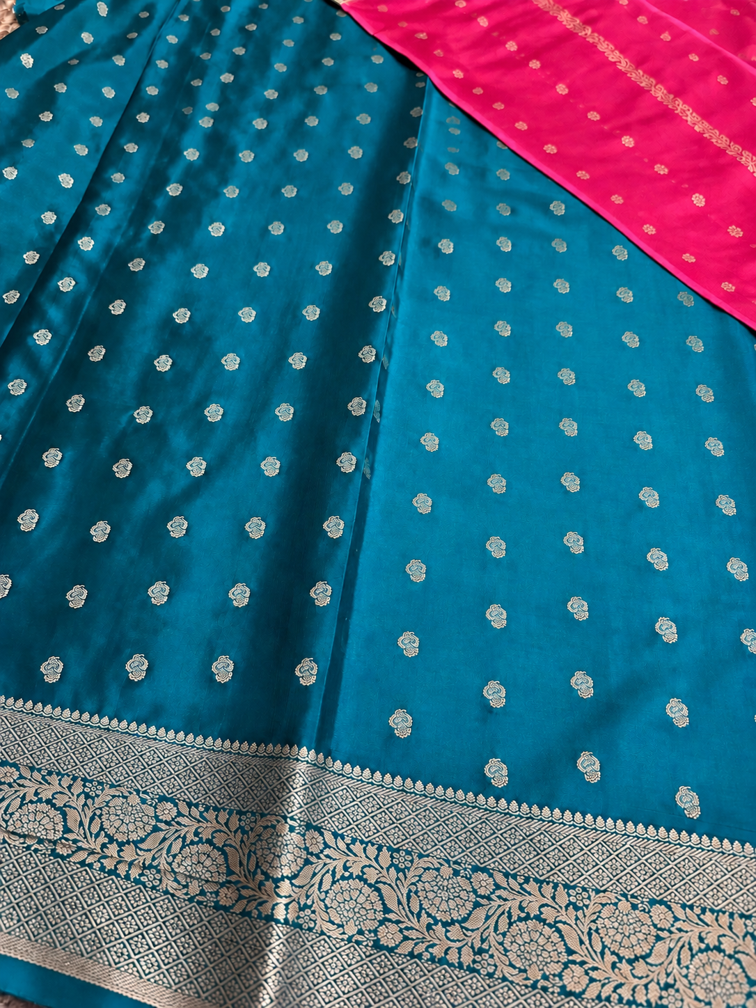 Dola Silk -  Coral Pink & Teal Blue with Zari Bootas
