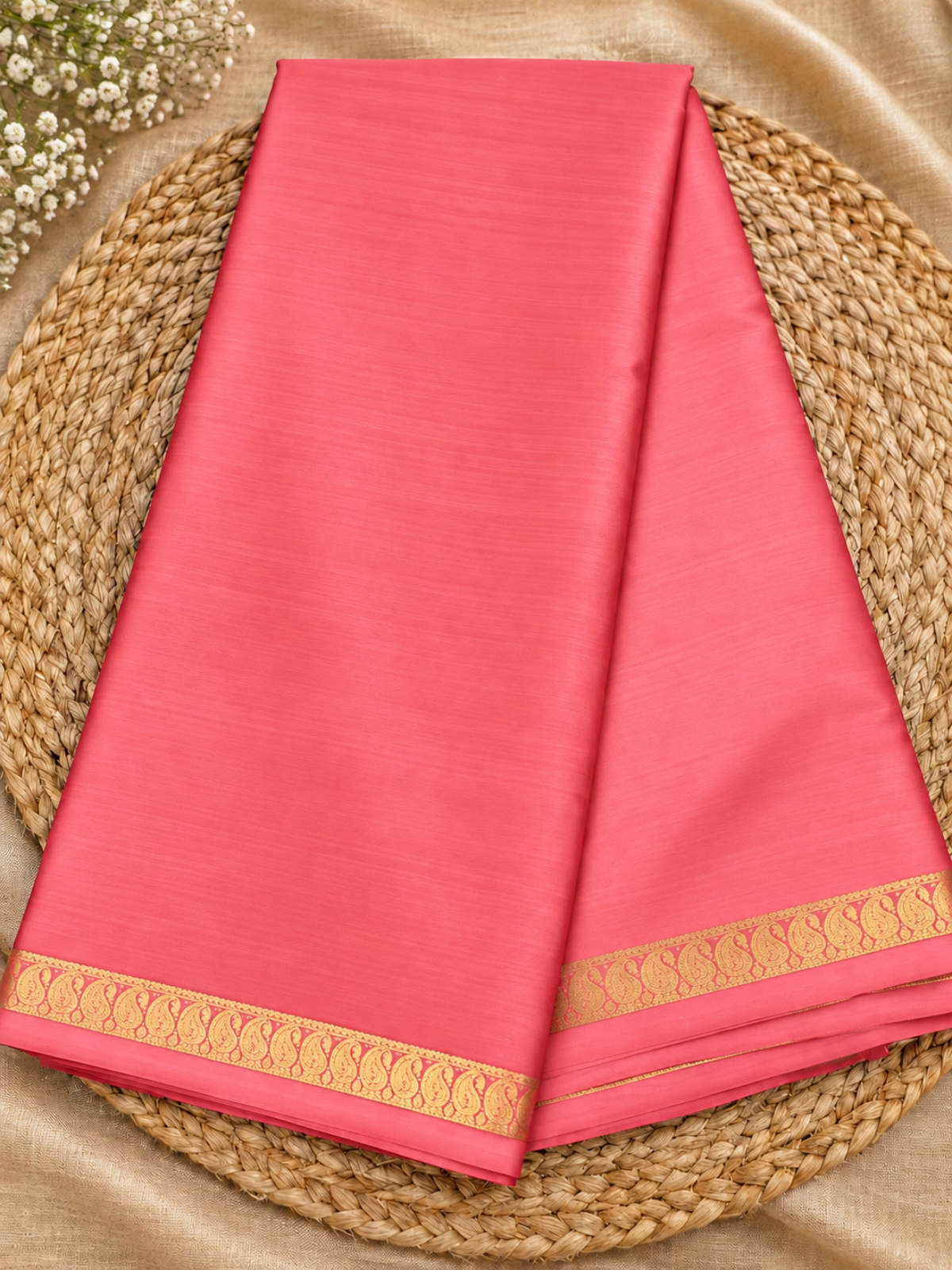 Pure Mysore Crepe Silk - Peach Self Color & thin Mango Border