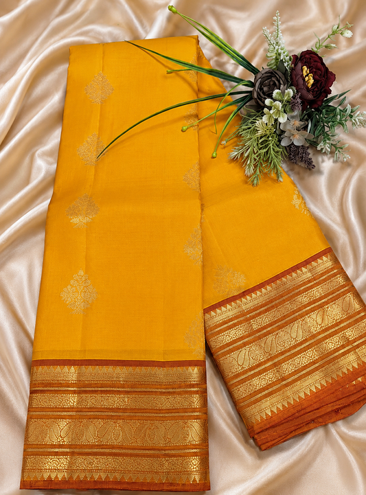 Pure Kanjeevaram Silk - Amber Yellow & Brick Red diamond shape flower boota