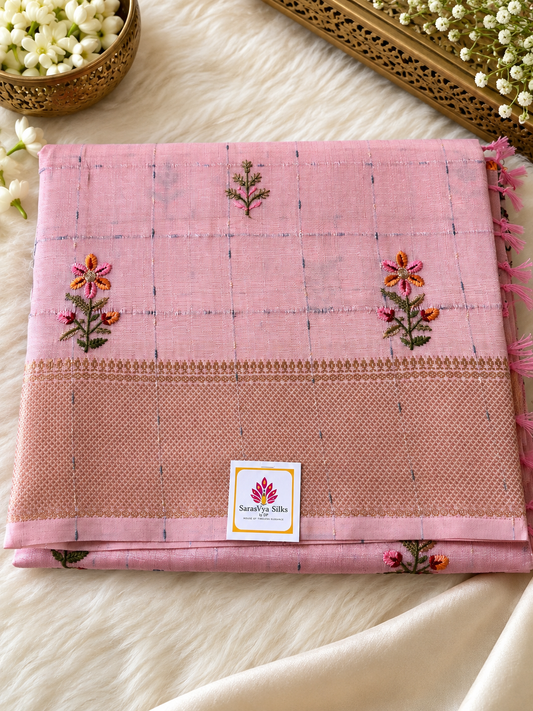 Pure Cotton Linen - Pastel Pink with emboridery