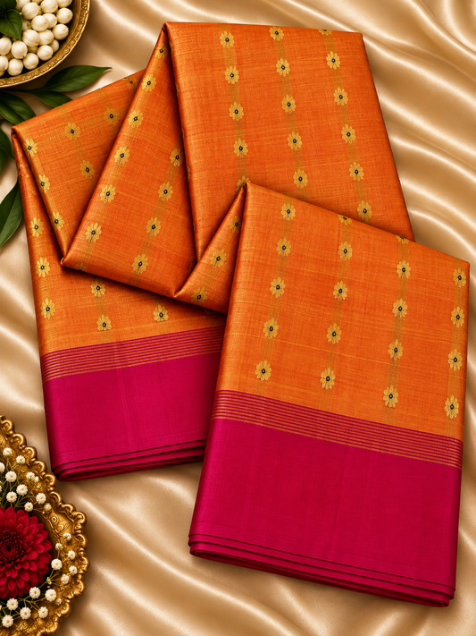 Pure Handloom Kanjeevaram Silk - Mustard Orange & Pink 1000 Meenakari butas