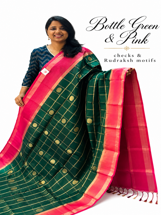 Pure Handloom Soft Silk - Bottle Green & Pink checks & Rudraksh motifs