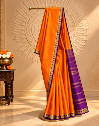 Pure Mysore Crepe Silk - Orange - Purple thin zari border