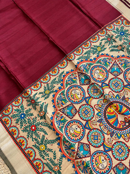 Khadi Raw Silk - Maroon Madhubani Design with Gold border