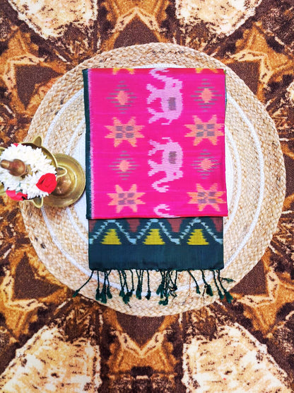 Pure Handloom Soft Silk-Pink-Green Pochampally Ikat Maratha pattern