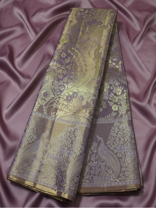 Pure Handloom Silk Kanjeevaram - Mauve Silver & Golden toned Tissue Silk