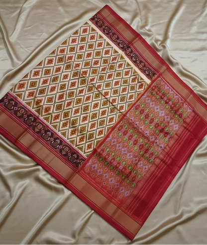 Pure Handloom Pochampally Ikat - Geometric Pattern Ivory-Red-Maroon