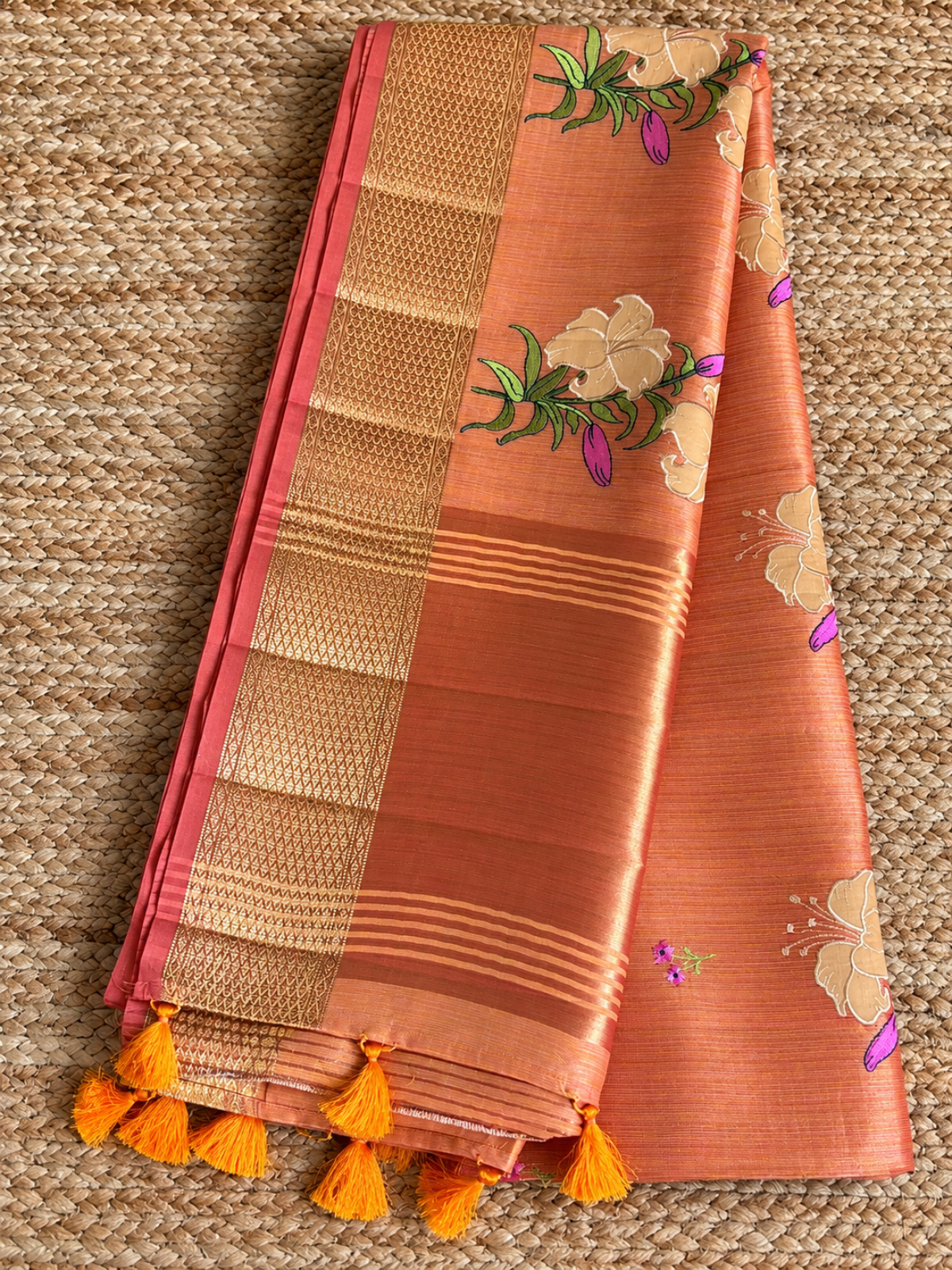 Jute Cotton - Orange with floral Applique work