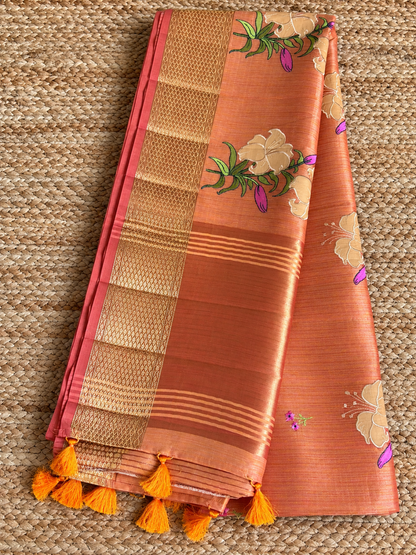 Jute Cotton - Orange with floral Applique work