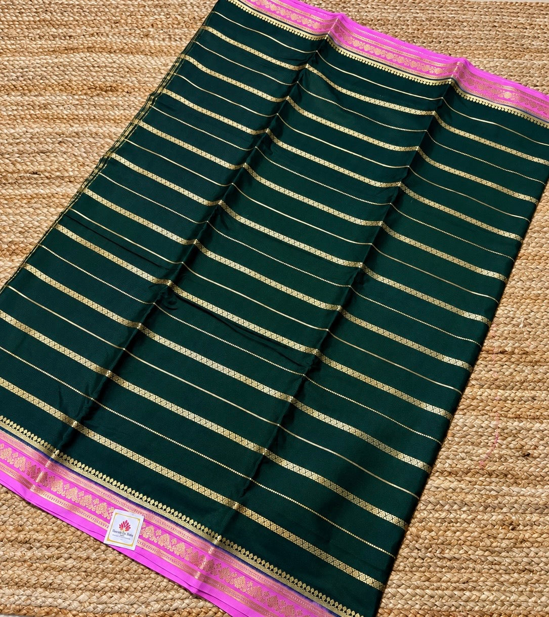 Semi Mysore Crepe Silk - Bottle Green & Baby Pink with Zari Work