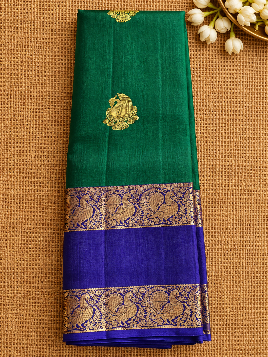 Pure Handloom Kanjeevaram - Green-Royal Blue Peacock Jhumka Motif