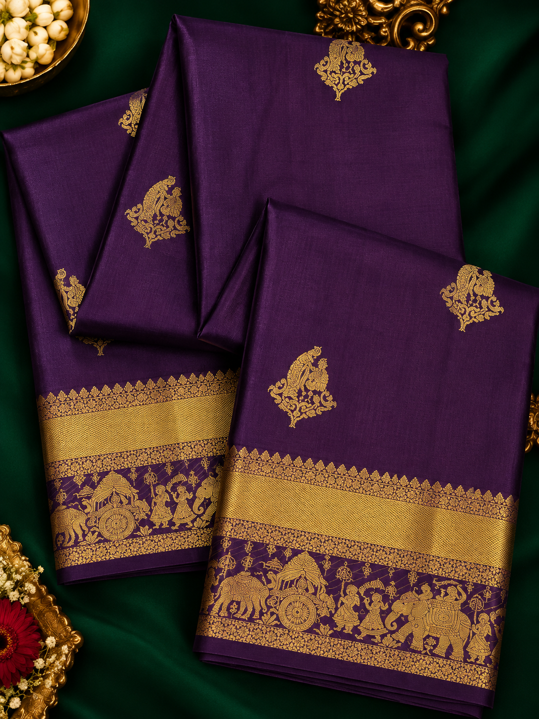 Pure Handloom Kanjeevaram Silk  - Royal Purple & Golden Zari Marriage theme