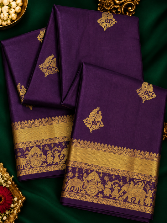 Pure Handloom Kanjeevaram Silk  - Royal Purple & Golden Zari Marriage theme