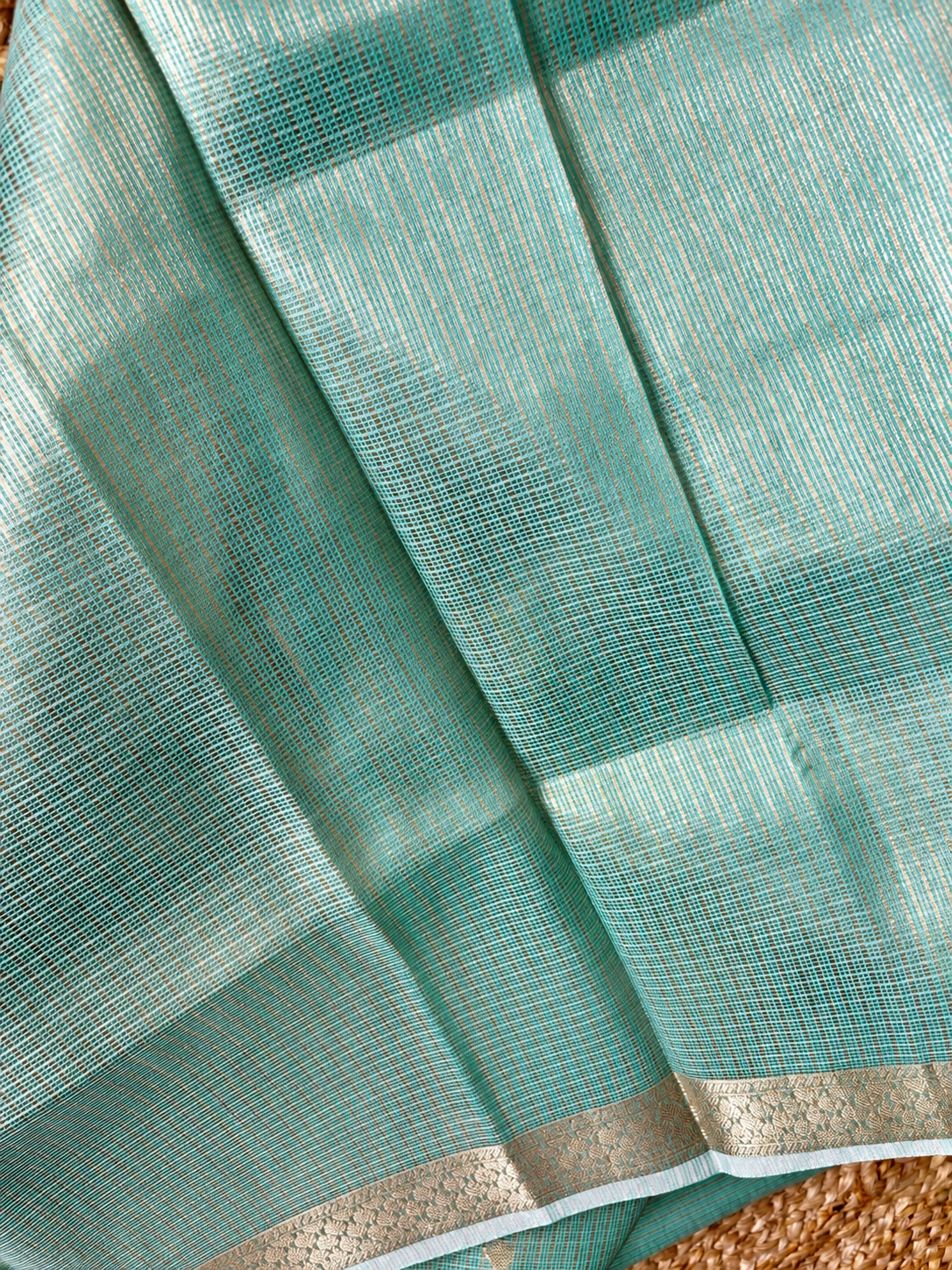 Kota Doria - Pastel Blue with lotus floral border