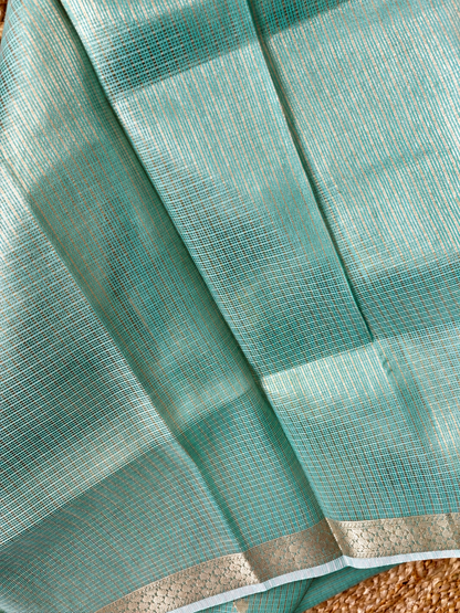 Kota Doria - Pastel Blue with lotus floral border
