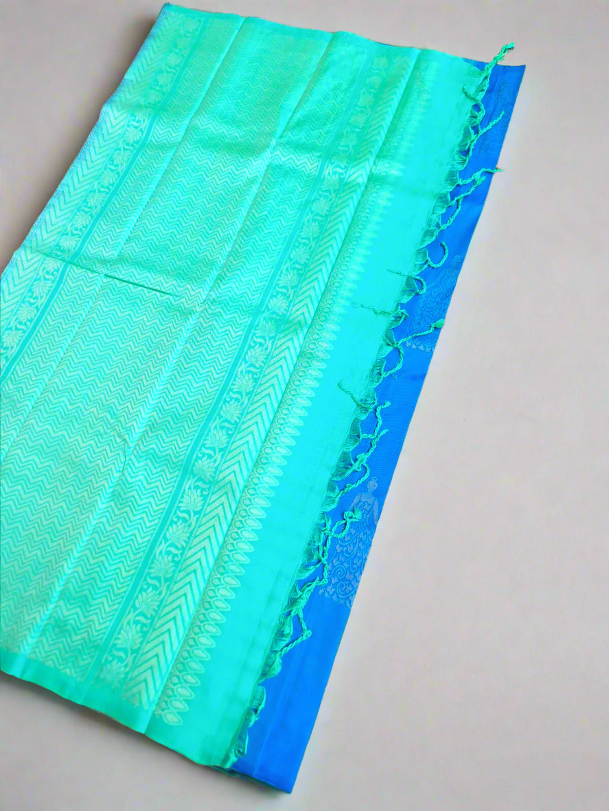 Pure Handloom Soft Silk - Aqua Blue & Aqua Green Diva Design
