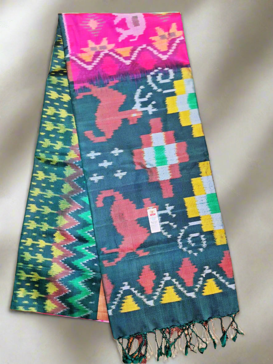 Pure Handloom Soft Silk-Pink-Green Pochampally Ikat Maratha pattern