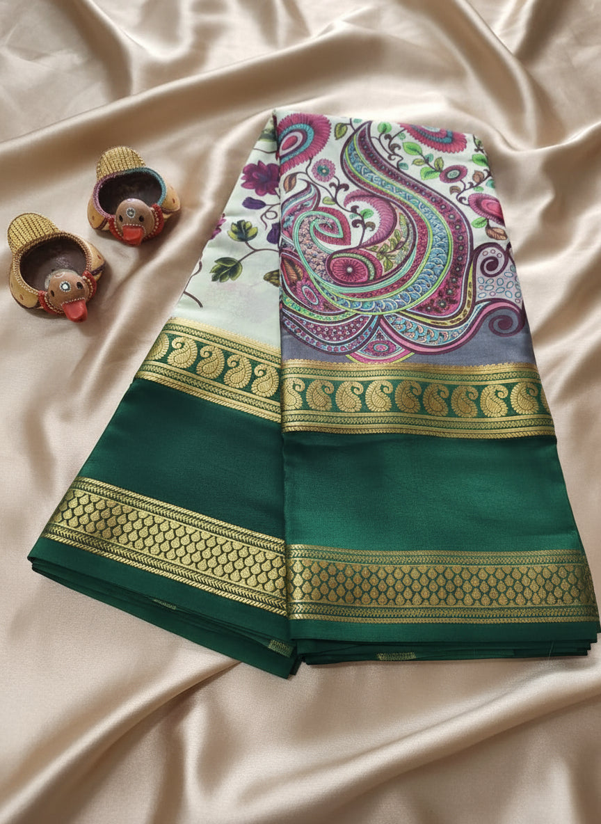Pure Mysore Crepe Silk - Creme & Dark Green Flower Kalamkari