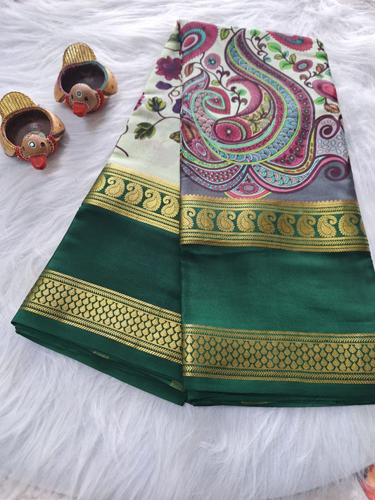 Pure Mysore Crepe Silk - Creme & Dark Green Flower Kalamkari
